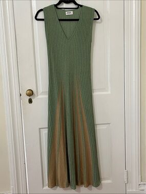 Aggel Sleeveless V-Neck Maxi Dress in Sage & Gold  with Lurex threads